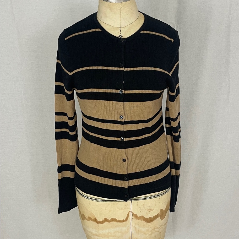 August Silk Striped Black and Tan Women's Cardigan Size Small